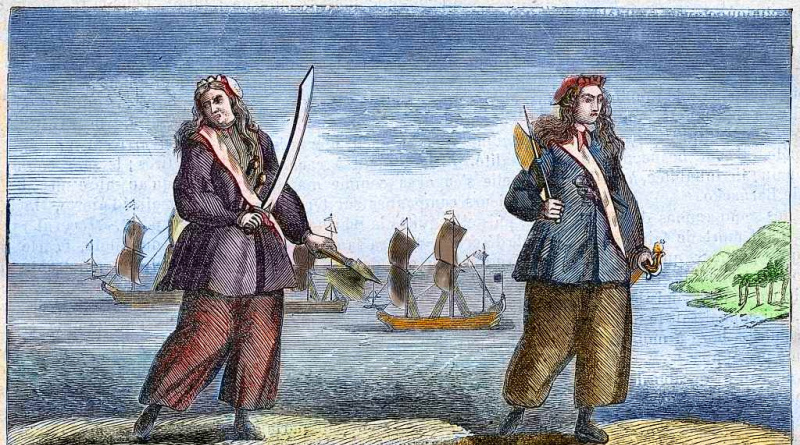 Illustrasjon av Ann Bonney og Mary Read kledd som pirater