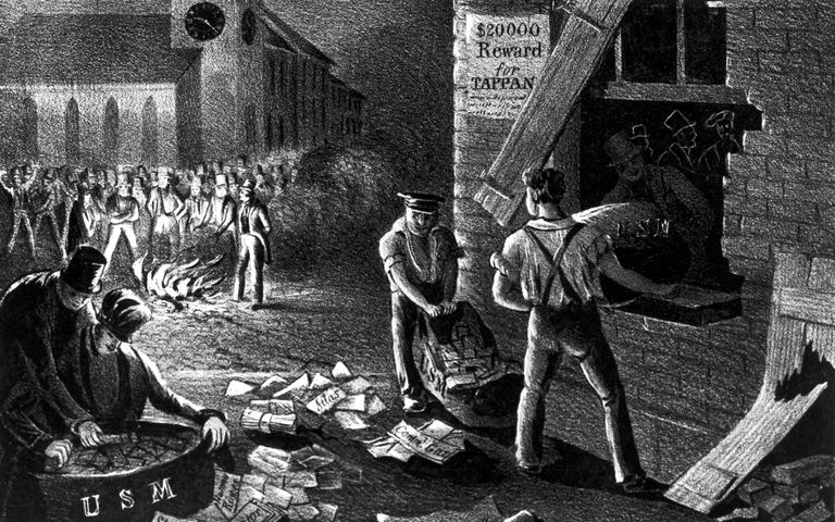Ein Mob bricht in ein Postamt ein, um abolitionistische Flugblätter in Charleston, South Carolina, zu verbrennen