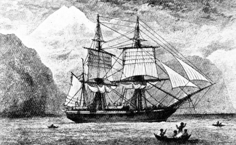 HMS Beagle während ihrer Weltumrundung mit dem Wissenschaftler Charles Darwin an Bord