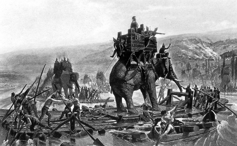 Hannibal überquert auf einem Elefanten die Rhone