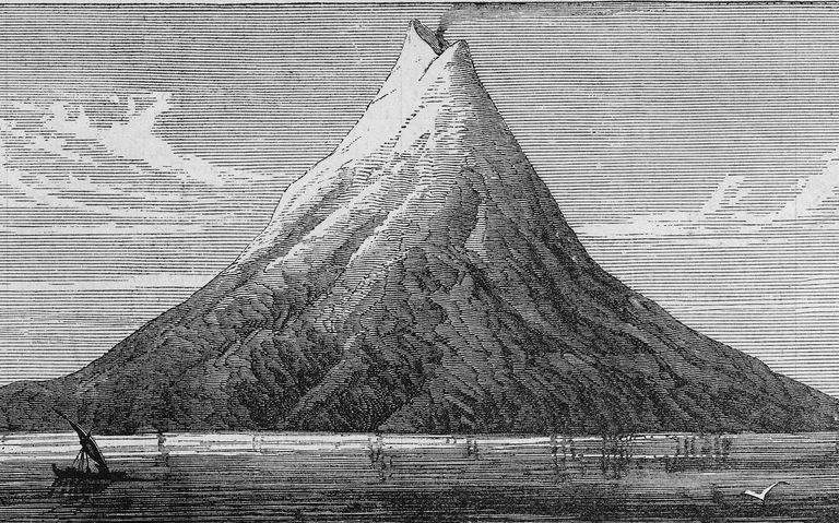 Ilustração da ilha vulcânica de Krakatoa antes de explodir.