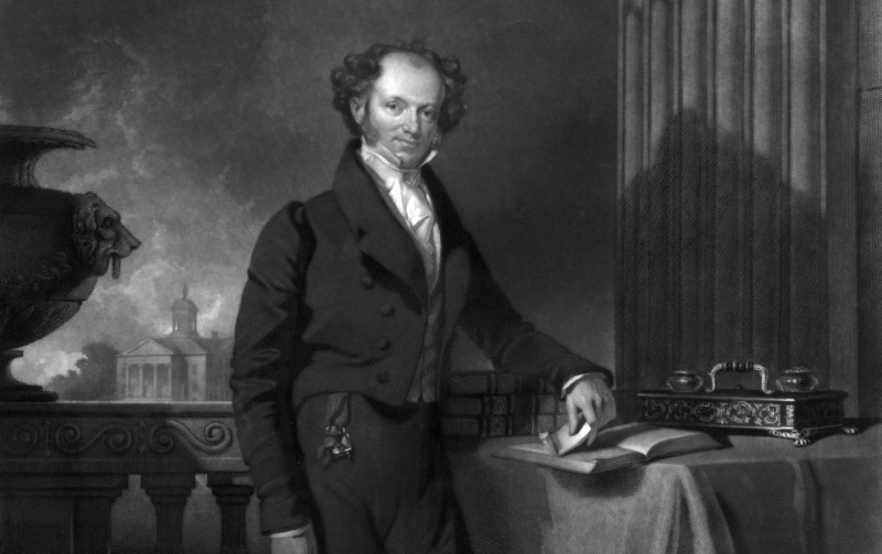 Gravure de Martin Van Buren en tant que jeune homme debout sur un balcon.