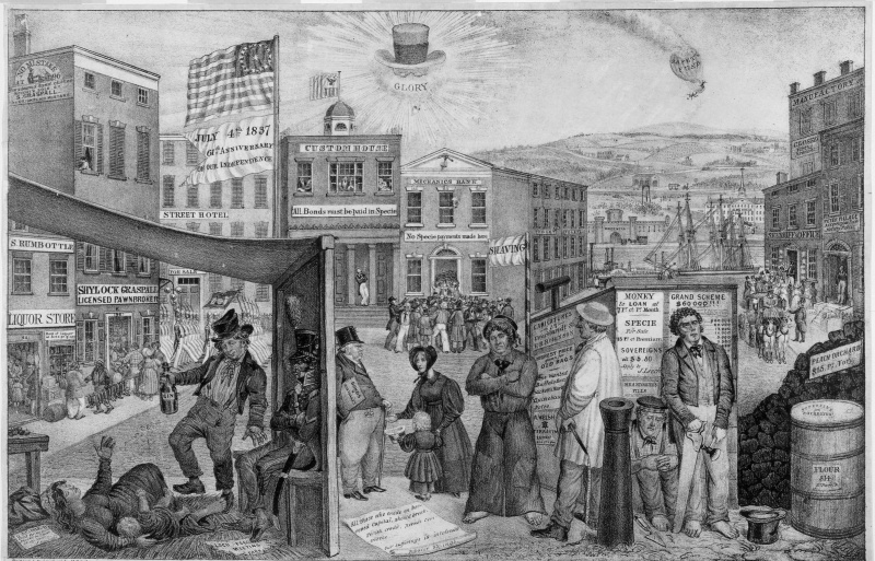 Dessin à la plume de la panique de 1837 montrant des hommes, des femmes et des enfants dans une ville américaine.