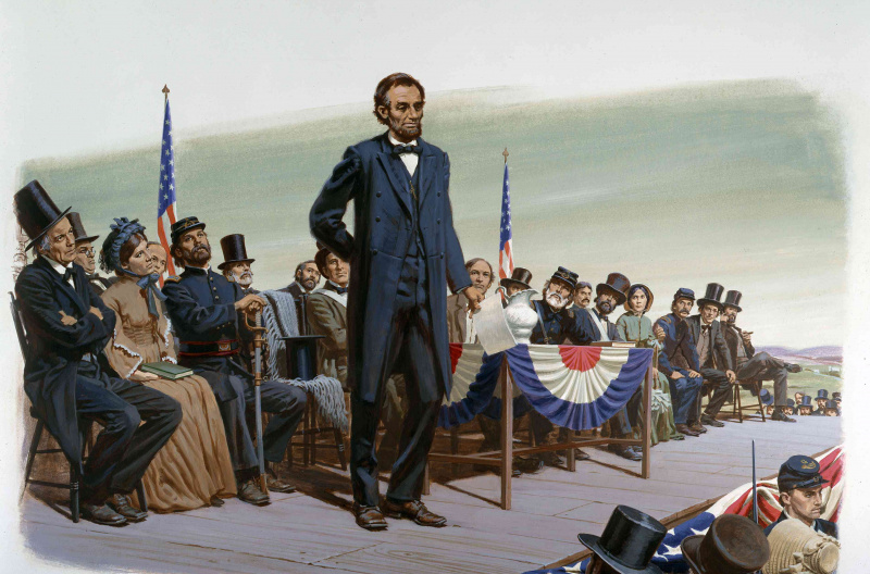 Et maleri som viser president Abraham Lincoln som holder en tale kjent som The Gettysburg Address ved innvielsen av soldatene