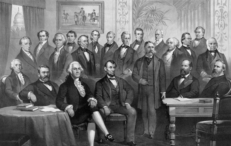 Impression vintage des vingt et un premiers présidents assis ensemble à la Maison Blanche.