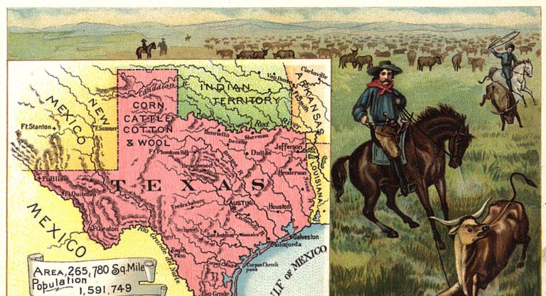 Gammelt kart som viser Texas og omkringliggende territorier