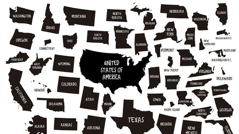 Kart som illustrerer USA som består av de 50 separate statene.