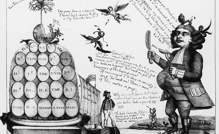Karikatūra, kurā redzams Džons Buls, kurš ir gatavs pabarot Amerikas Savienotajās Valstīs, attēlojot 1832. gada anulēšanas krīzi.