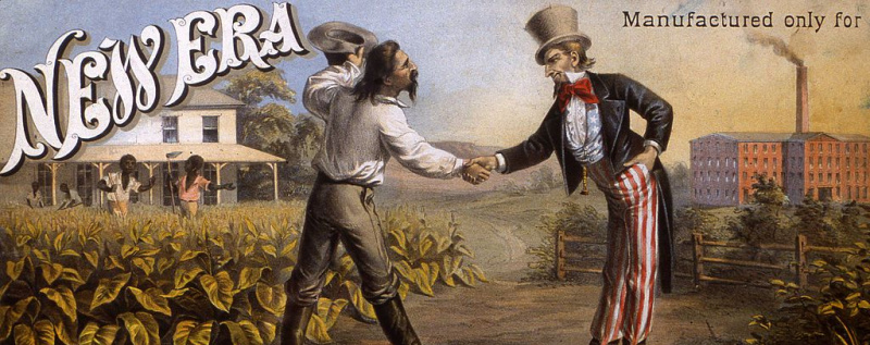 Panorama da reconstrução: cartaz publicitário da cena da reconstrução pós-Guerra Civil