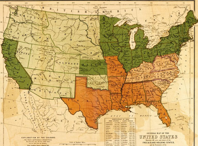 Amerikas Savienoto Valstu karte, kurā parādītas atšķirības un robežas starp valstīm, kas atbalsta un pret paverdzināšanu, kā arī Savienības teritorijām, 1857.