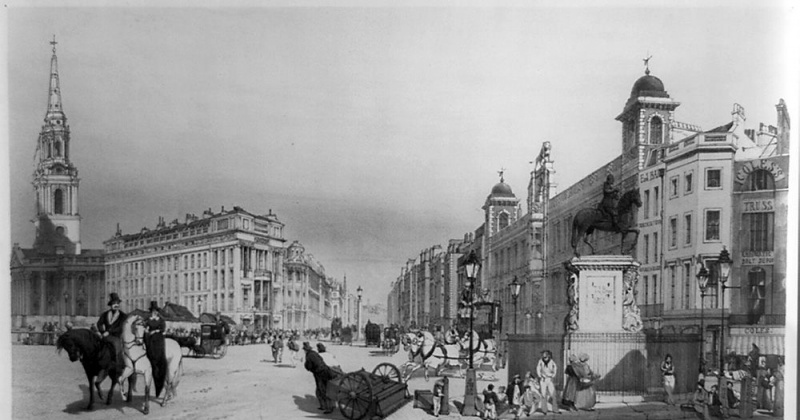 Wejście do Strand z Charing Cross, ilustracja przedstawiająca ludzi na londyńskiej ulicy, 1841