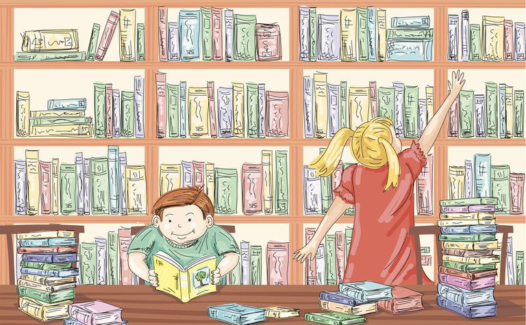 Cartoon-Kinder in der Bibliothek