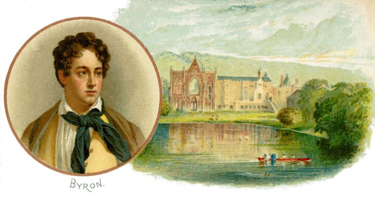 Lord Byron - retrato con su hogar ancestral