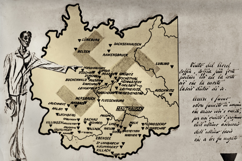 Zeichnung eines dünnen Mannes, der auf eine Karte mit einem Nazi-Hakenkreuz und einem handgeschriebenen Gedicht zeigt.