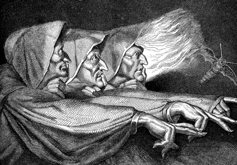 Antyczna ilustracja wiedźm Makbetowych