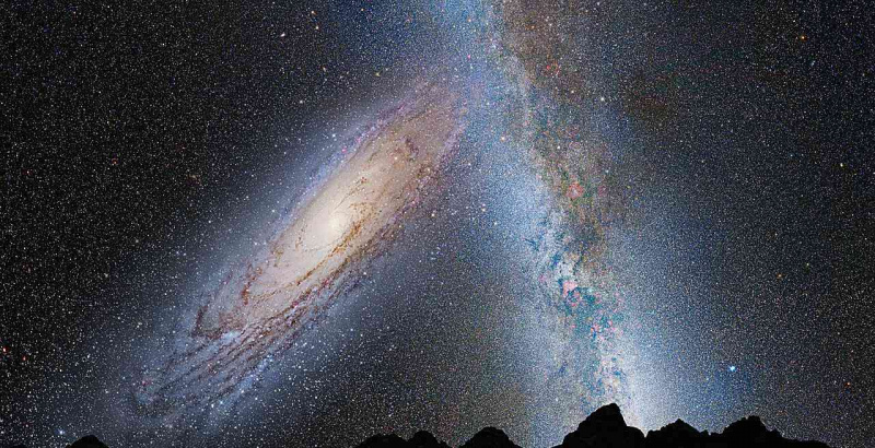 Andromeda un Piena ceļš saduras, kā redzams no planētas virsmas mūsu galaktikā.