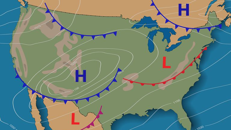 Mapa meteorológico del tiempo de los Estados Unidos de América.