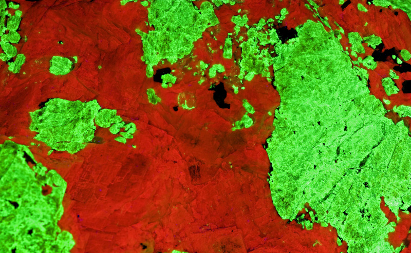 Feche de willemita fluorescente e calcita.