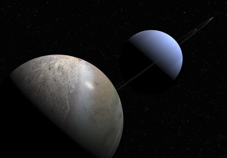 Ilustração do planeta gigante gasoso Netuno e sua maior lua Tritão.