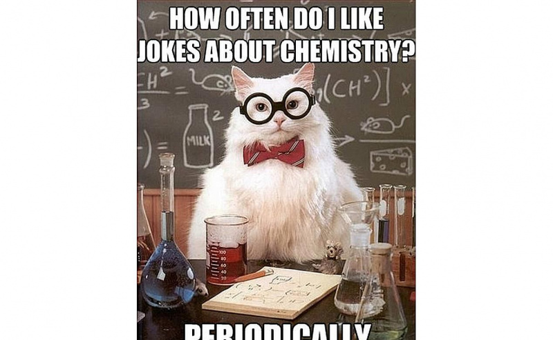 Chemistry Cat mag gelegentlich Chemiewitze.