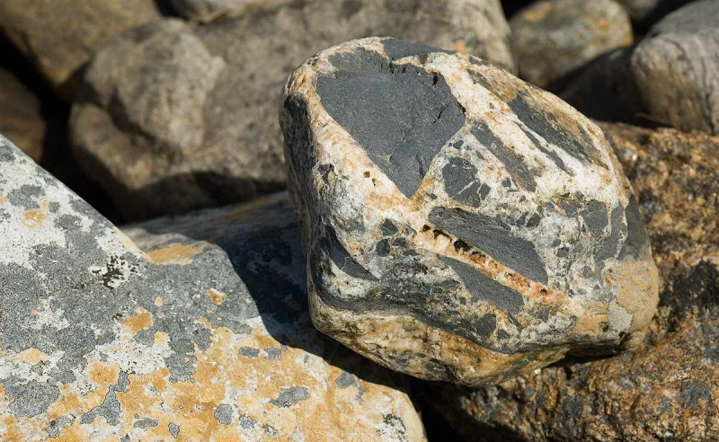Nærbilde av breccia stein i solskinnet.