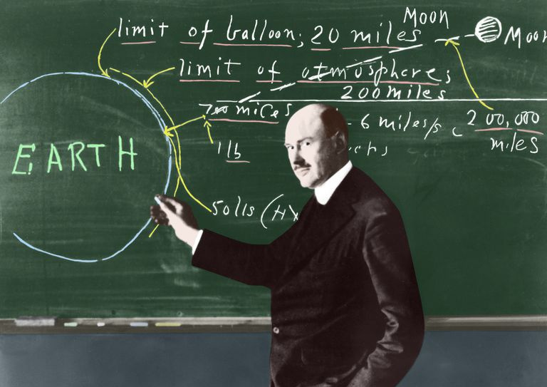 Dr. Robert H. Goddard ved tavlen ved Clark University. Fargelagt bilde med tillatelse fra NASA og Clark University.