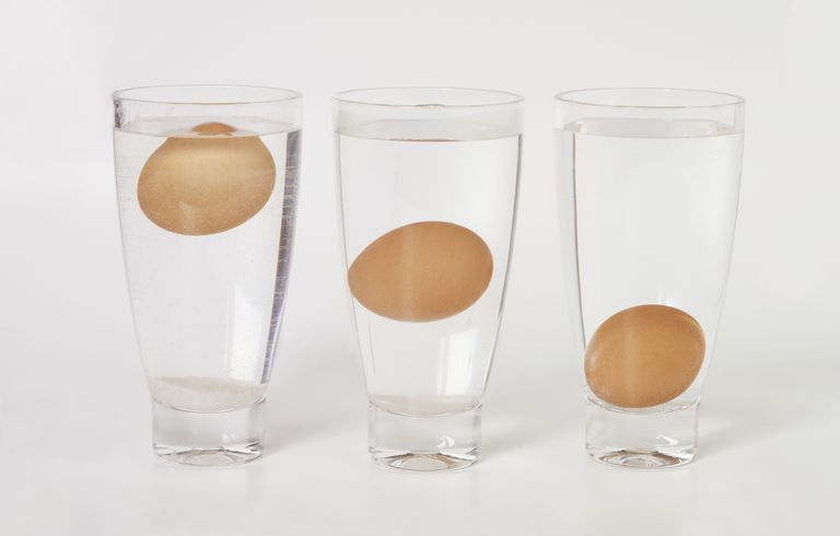 Råtne egg flyter i et glass vann mens ferske egg synker. Gassene som produseres ved nedbrytning slipper ut gjennom skallet til et dårlig egg, og gjør det lettere.