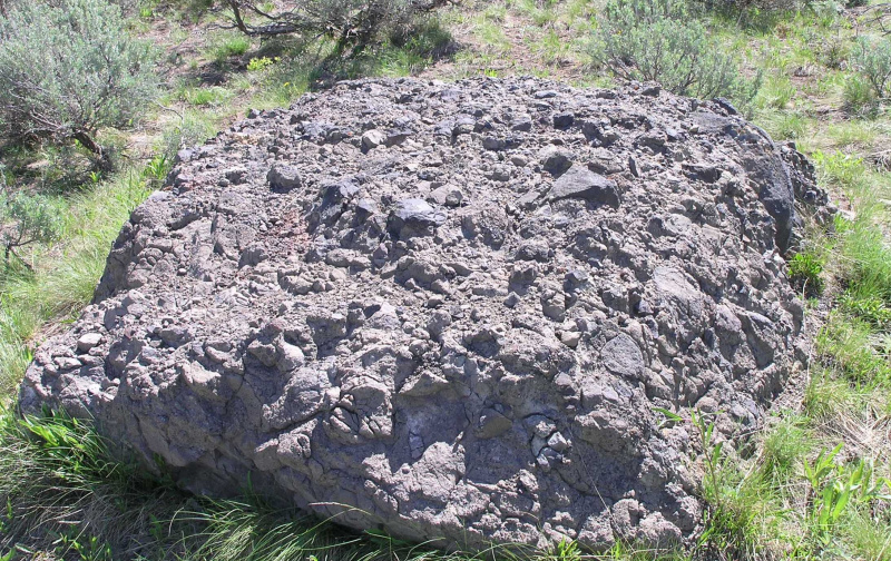 Grande pezzo di breccia vulcanica seduto sull