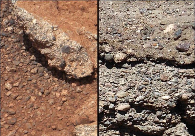 Roca conglomerada en Marte (izquierda) comparada con conglomerado en la Tierra (derecha).