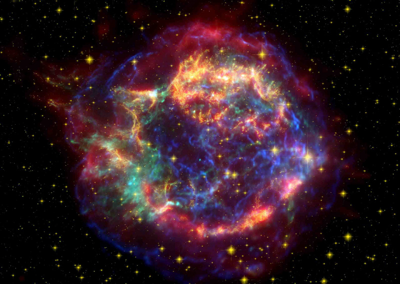 Ein Falschfarbenbild von Cassiopeia A (Cas A) unter Verwendung von Beobachtungen sowohl des Hubble- als auch des Spitzer-Teleskops sowie des Chandra-Röntgenobservatoriums.