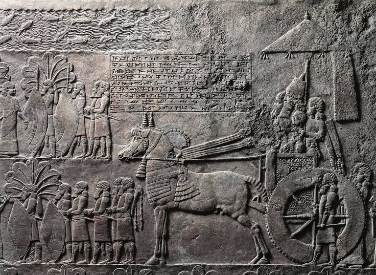 Detalj av relieff som viser triumf til kong Ashurbanipal, fra det gamle Nineve, Irak