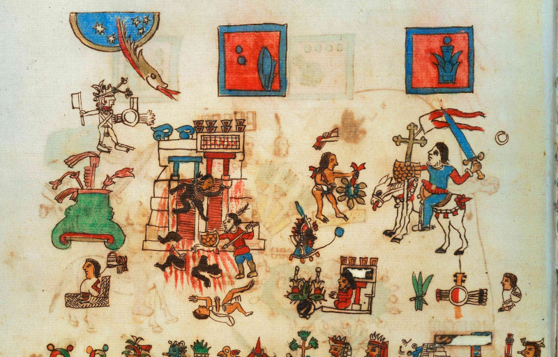 Hernan Cortes a cavallo dal Manoscritto Vaticanus A 3738 o Codex Rios, folio 87 recto, Messico, civiltà azteca