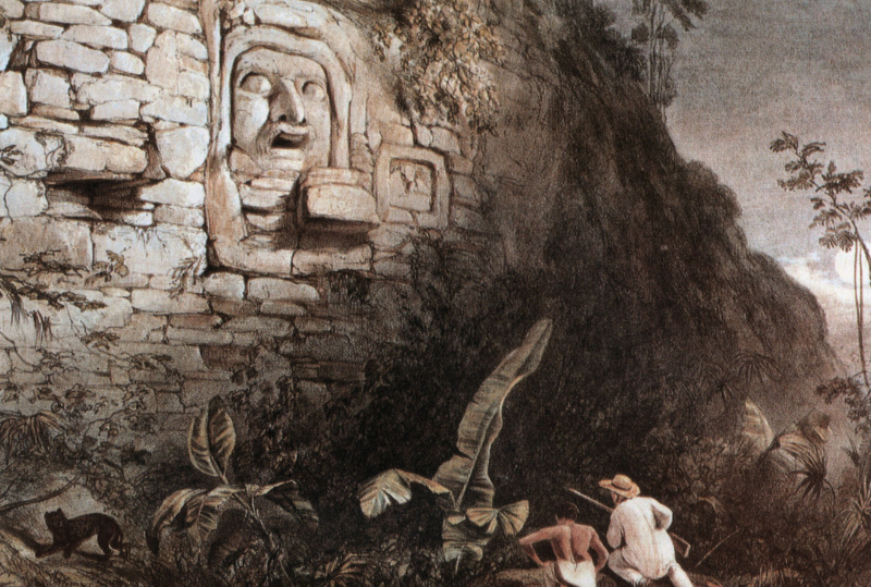 Escultura maya de Itzamna, litografía de Frederick Catherwood en 1841: es la única imagen de esta máscara de estuco (2 m de altura).