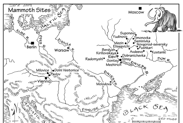 Mapa ilustrado de viviendas de huesos de mamut.