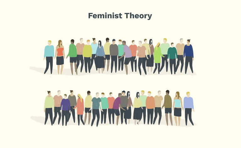Una ilustración de un signo igual formado por una multitud de personas. Título: Teoría Feminista.