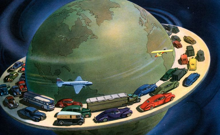 Vintage ilustracja kuli ziemskiej otoczonej samochodami i samolotami poruszającymi się po autostradzie na jej obwodzie, 1941 r.