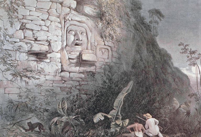 Utskåret hode av Itzamna i Izamal av Frederick Catherwood (1799-1854), gravering er fra Incidents of Travel in Central America, Chiapas og Yucatan, av John Lloyd Stephens, 1841. 1800-tallet.