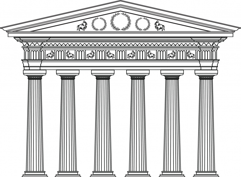Antiguo templo griego realizado con columnas dóricas, en una técnica en blanco y negro.