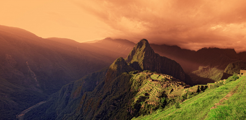 Machu Picchu ved solnedgang.