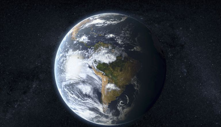 Globo terráqueo con América del Sur mirando al espectador