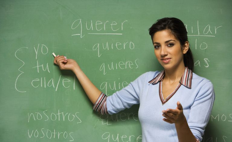 Professora hispânica na frente do quadro-negro com pronomes espanhóis e verbos conjugados