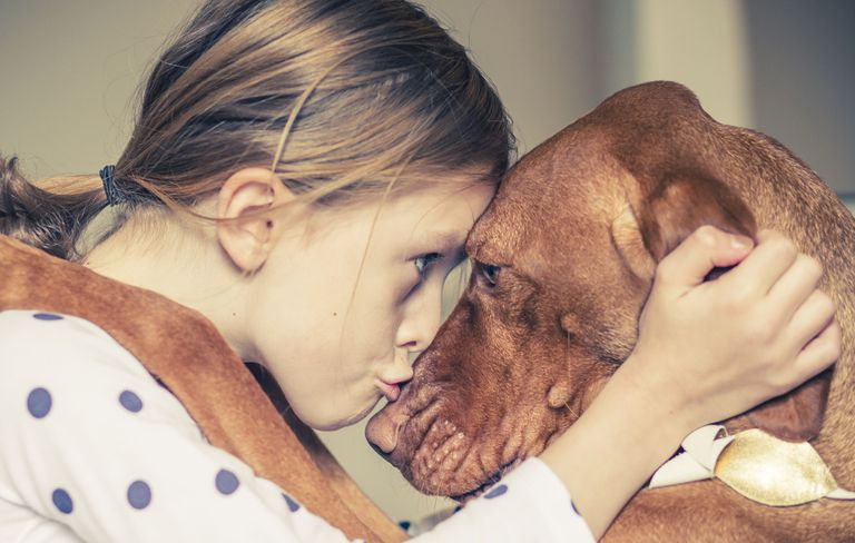 Eine Umarmung zwischen einem jungen Mädchen und ihrem Hund.