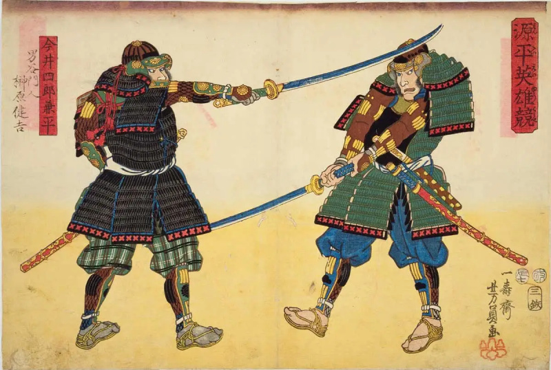 Utagawa yoshikazu kaksi samuraimiekkaa vedettynä