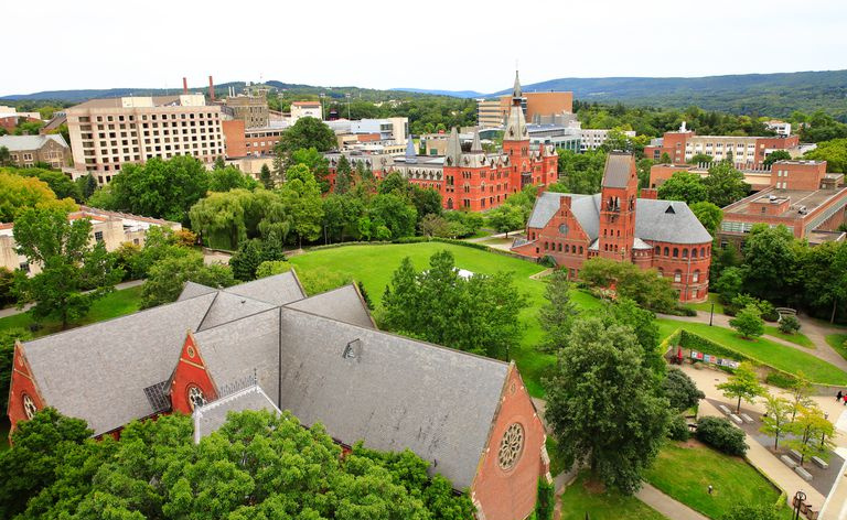Widok z dachu na kampus Uniwersytetu Cornell z Barnes Hall i Sage Hall w tle.