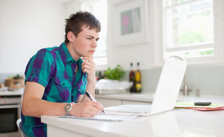 Un ragazzo che fa ricerche sul suo laptop