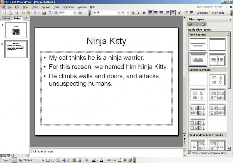 Captura de pantalla de una diapositiva de PowerPoint con el título Ninja Kitty