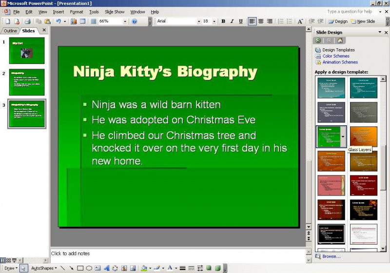 Captura de pantalla de una diapositiva de PowerPoint con el título Ninja Kitty