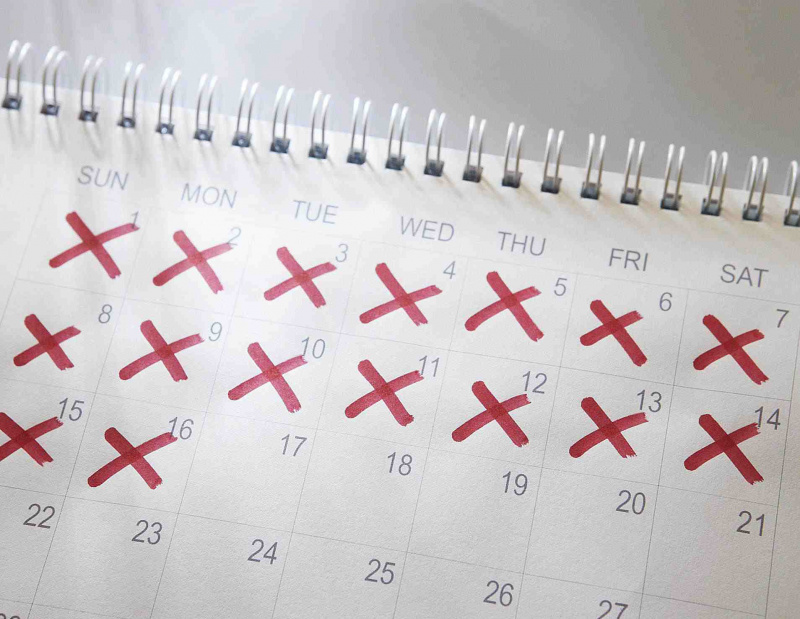 Kalender med datoer overkrysset
