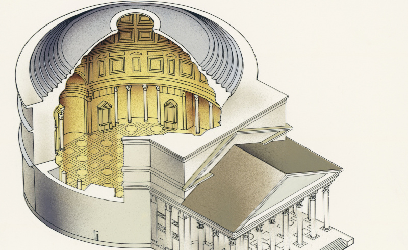 Diagrama Pictórico Ilustra Interior e Exterior do Panteão em Roma