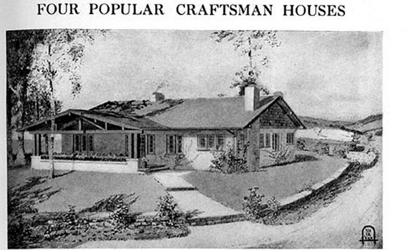 ilustração em preto e branco do bangalô de cimento artesanal de sete cômodos nº 132 da Craftsman Magazine